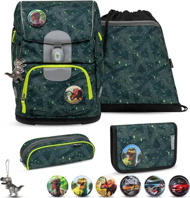 Produktbild von Belmil Motion ergonomisches Schulranzen Set 5-teilig "Green Splash" aus recyceltem Material mit Brustgurt, Hüftgurt, Magnetverschluss, Patch Set 6 Stück