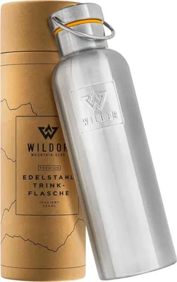 Zdjęcie produktu dla WILDOR® butelka ze stali nierdzewnej 750 ml - dwuścienna izolowana - szczelna - z zakrętką ze stali nierdzewnej i uchwytem do przenoszenia
