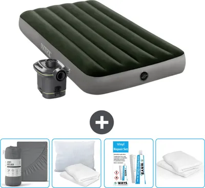 Produktbild von Intex Luftbett - 1 Person - 99 x 191 x 25 cm - Grün - Inklusive Pumpe - Spannbettuch - Küssen - Reperaturset en Kissenschutz
