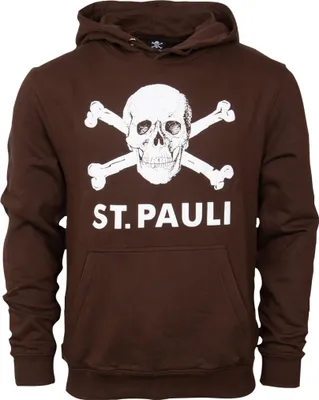 Produktbild von FC St. Pauli Kapuzenpullover Totenkopf, Offizieller Fanartikel, Brauner Hoodie mit großem Totenkopf-Frontprint und „ST. PAULI"-Schriftzug, 100% Baumwolle