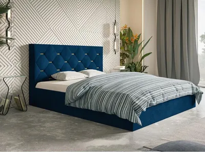 Produktbild von Polsterbett SIM 4 mit Kopfteil, 180x200 cm, Doppelbett mit Bettkasten und Lattenrost aus Holz, Velourstoff, Farbe: Blau