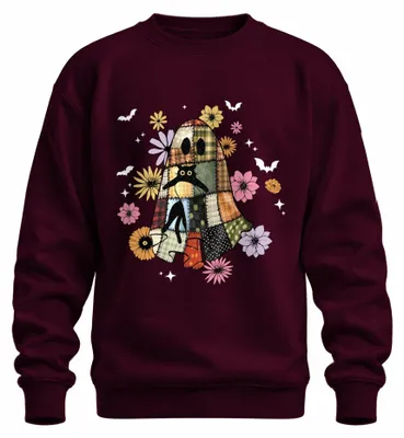 Produktbild von Halloween Geist Patchwork Katze Blumen Herbst Vintage Boho Sweatshirt Pullover, Burgundy, XXL