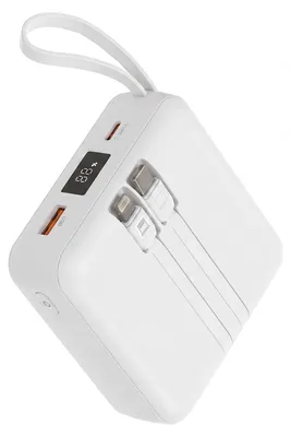 Obrázok produktu pre Akashi, powerbank 10000 mAh, 22,5 W, USB-C / USB-A, s integrovaným káblom USB-C / Lightning, biela