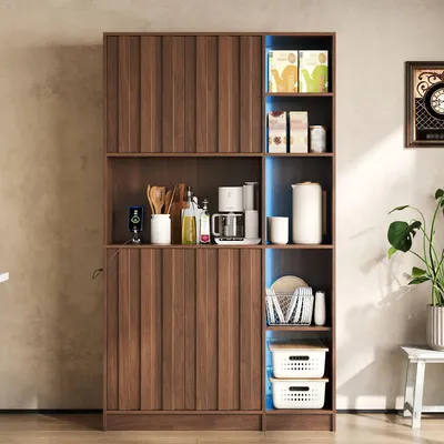 Produktbild von Küchenschrank, hoher Stauraumschrank mit LED-Beleuchtung, Küchenregal mit Steckdosen Bücherregal & Vitrinenschrank für Wohnzimmer und Esszimmer