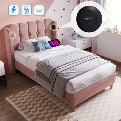 Image de Lit rembourré en velours avec fonction de chargement USB-C, lit simple élégant avec sommier à lattes, design rose pour chambre à coucher/chambre d'amis, lit d'adolescent 90x200 cm