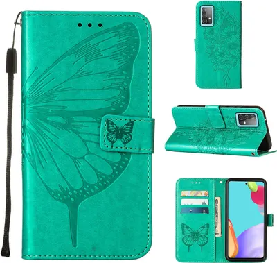 Produktbild von Galaxy A52 4G Hülle, Schmetterling Prägung Flip Leder Kartenfächer Schutzhülle Ledertasche mit Ständer für Samsung Galaxy A52 4G / 5G / A52S 5G Grün