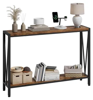Obrázek produktu pro Úzký konzolový stolek, barva hnědá, rozměry 110 x 25 x 76 cm, s úložným prostorem, 2 úrovně, vhodný do předsíně, obývacího pokoje