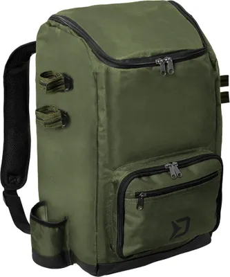 A green backpack is shown against a white background.