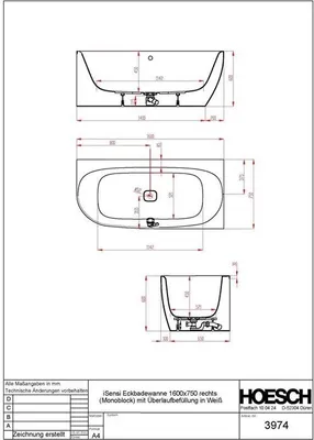 Produktbild von Eck-Badewanne iSensi 1600 x 750 x 450 mm, rechts mit berlaufbefllung wei wei