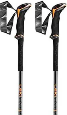 A pair of black and orange hiking poles against a white background.
