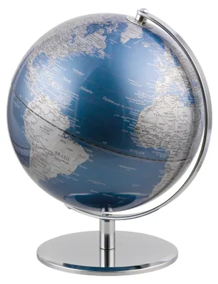 Weltkugel 25 cm, Planet, verchromter Fuß, bewegbare Achse, metallic-blau/silber