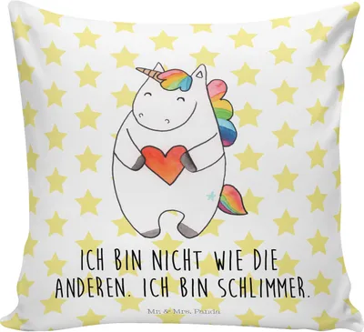 Produktbild von Mr. & Mrs. Panda Deko Kissen Einhorn Herz - Weiß - Geschenk, Sofakissen, Unicorn, Dekokissen Sofa, Einhörner, Lustig, 40x40, bedruckt, Freundin