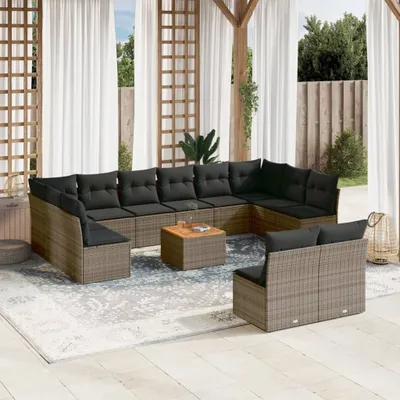 Produktbild von Design 13-tlg. Garten-Sofagarnitur mit Kissen Grau Poly Rattan, Gartenmöbel-Sets 2024 Neu