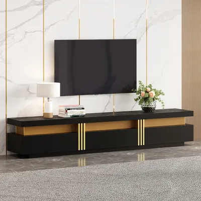 Produktbild von MODFU TV-Schrank Lowboard mit Marmor-Optik, Drei Schubladen und 1 Kabelmanagement für 90-Zoll-TV, Fernsehtisch WohnzimmerschränkeTV-Kommode für Wohnzimmer, Esszimmer,Schwarz