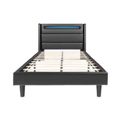 Produktbild von FURNIFY® Polsterbett ALVA 140 x 200 cm Bettgestell aus Kunstleder | Doppelbett mit LED & verstellbarem Kopfteil | Schwarz