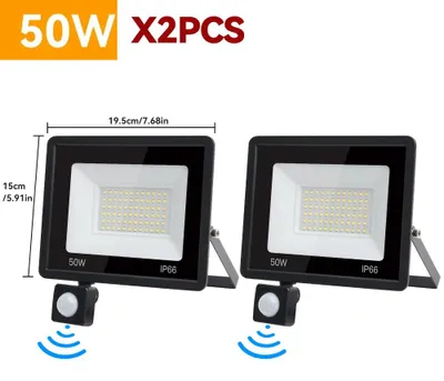 Produktbild von LED-Flutlichtstrahler - 2er-Pack 50 W - PIR-Bewegungssensor - IP66-wasserdicht - Kaltweiß - 220 V - Außenwandleuchte