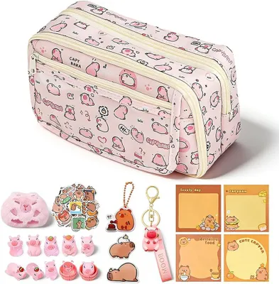 Productafbeelding van Capybara schrijfwarenset - Roze Capibara pennenzak - Schattige schrijfwaren - 20 Capybara-stickers
