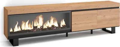 Produktbild von TV-Schrank, Lowboard, 208x35x57cm, Für TV-Geräte bis zu 80", Elektrokamin XXL, Industriedesign, Eiche