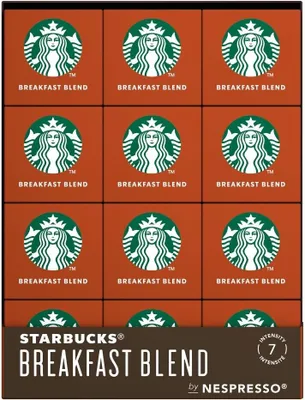 A box of Starbucks Breakfast Blend coffee capsules for Nespresso.