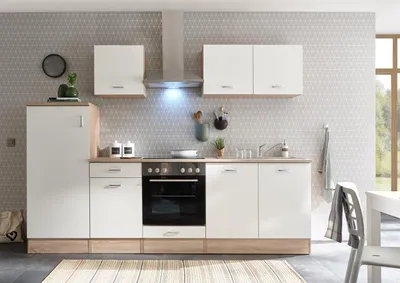 Produktbild von Küchenzeile >Ailina< mit Elektrogeräten Optik, matt-Geräumige Einbauküche mit viel Stauraum, Holzwerkstoff, Eiche Sonoma/Weiß, 270 x 195 x 60 cm (B/H/T)