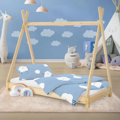 Obrázek produktu pro ML-Design dětská postel tipi 80x160 cm s roštovým rámem, přírodní, indická postel z borovicového dřeva podlahová postel dřevěná postel postel pro mládež postel domeček na hraní postel stan
