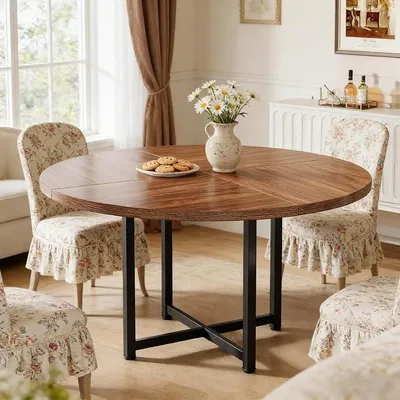 Image de Table ronde de salle à manger, diamètre 120 cm, style industriel, pour 4 à 6 personnes. Table de cuisine ronde en bois et métal, design économe en espace, couleur noire/marron