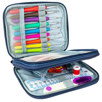 Image de QY Set d'aiguilles à crochet de luxe à poignée souple, 25 pièces avec accessoires pour crochet et tricot dans un sac  Bleu.