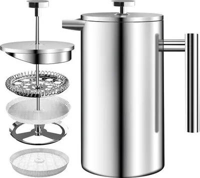 Produktbild von Stahl French Press Kaffeezubereiter 34oz (1.0 Liter) mit 3 Stufen Filter-System - Doppelwandige Isolierte Kaffeekanne mit 1 Extra Filter (Silber)