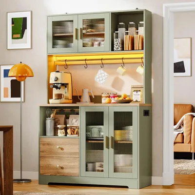 Produktbild von Hochschrank mit LED Steckdose Weinregal Küchenschrank Vitrine Buffetschrank Kaffeebar Antikgrün Holzoptik 110x40x178 cm
