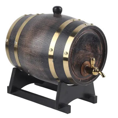 Zdjęcie produktu dla 3-litrowa beczka dębowa z drewna dębowego z retro wzorem w paski, czarna, do wina, brandy, whisky lub czerwonego wina, wraz z kranikiem