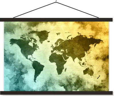 Produktbild von MuchoWow® Textilposter Weltkarte - Grün - Blau 60x40 cm mit schwarzem Rahmen - Hölzernes
