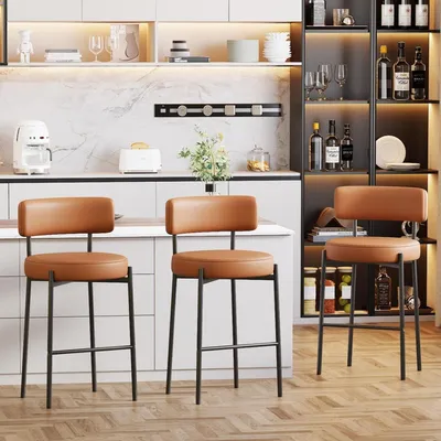 Immagine prodotto di Set di 3 sgabelli da bar, altezza seduta 63,5 cm, rivestiti in ecopelle marrone, con schienale