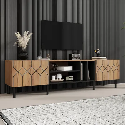 Immagine prodotto di Mobile TV 180x40x50, con 2 ante, 4 vani aperti, adatto per televisori da 70 pollici, finitura legno e nero