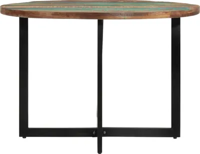 A round dining table with a reclaimed wood top and black metal legs, presented against a white background.