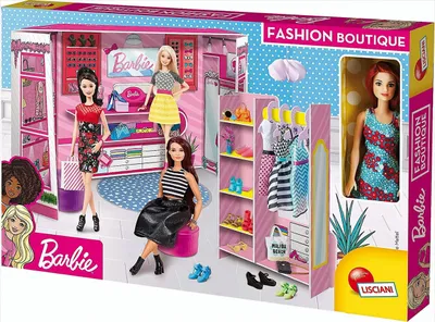 A Barbie Fashion Boutique playset shown in its retail packaging, featuring dolls and accessories.