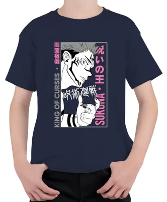 Imagen del producto de Camiseta uni para niños, diseño "Jujutsu Kaisen", con la imagen de Sukuna, el Rey de las Maldiciones, estilo anime. Color azul marino, talla 152