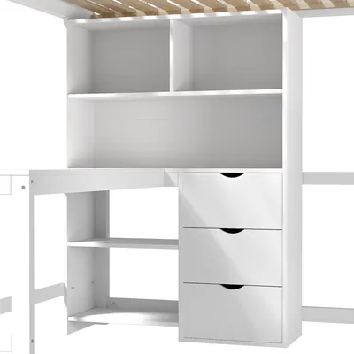Immagine prodotto di okwish Letto a castello 140x200 Letto per bambini senza materasso, Letto in legno con sponda e scrivania, struttura in pino massiccio, bianco