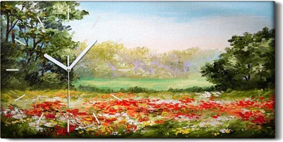Produktbild von Wandbild Leinwand Bilder mit Uhr 60x30 Malerei Wiese Blumen Bäume Natur - weiße Hände