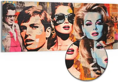 Produktbild von DEQORI Hybrid Leinwand Bild 150x60 cm 'Ikonen Collage' Wandbild Glas flach modern
