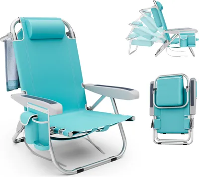 Immagine prodotto di Sedia da spiaggia pieghevole KOMFOTTEU, sedia da campeggio con schienale regolabile, lettino da spiaggia con poggiatesta, tasche laterali e portasciugamani, sedia pieghevole con portata fino a 150 kg, blu