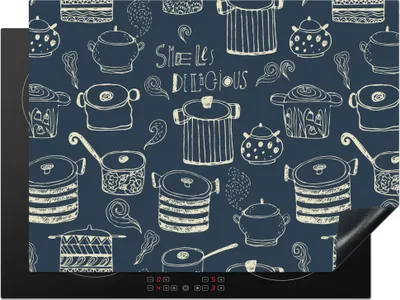 Produktbild von KitchenYeah© Herdabdeckplatte Muster - Pfannen - Kochen , 71x52cm, Küche Deko, Glaskeramikkochfeld Herdabdeckung, Abdeckplatte fùr Kochfeld