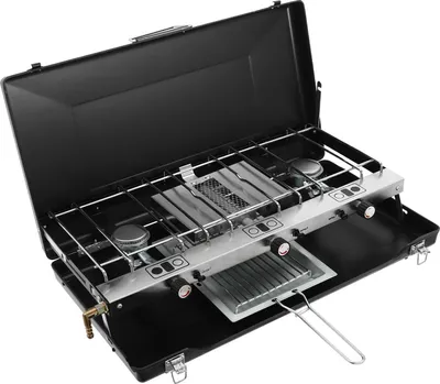 Obrázok produktu pre Kempingový plynový varič – stolný gril s 3 horákmi – skladací a prenosný – piezoelektrické zapaľovanie – 1,5 kW na horák – propán/bután – 56,5 × 30 × 34 cm – čierny