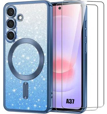 Image de Coque + 2 Verres Trempés pour Samsung Galaxy A37 5G, Silicone avec Cercle Magnétique -Bleu Brillant