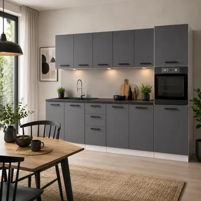 Produktbild von ULWEHOME | Küchenzeile 260 cm Anthrazit, Küchenmöbel-Set Grafit mit Backofen-Hochschrank, Spülenschrank & geteilten Arbeitsplatten 120 cm, KI-generiertes Bild