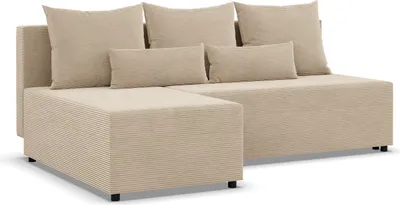 A beige sectional sofa with multiple cushions is shown from a slightly elevated angle against a white background.