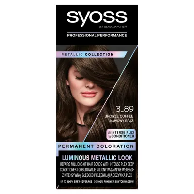 A box of Syoss permanent hair coloration, featuring a model with the hair color.
