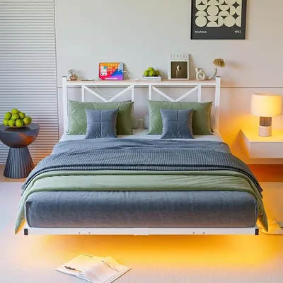 Obrázek produktu pro Postel 140x200 s LED osvětlením a nabíjecí stanicí (1 zásuvka, 2 USB porty). Postel s kovovým rámem, s čelem a úložným prostorem, dvojlůžko s kovovou mřížkou, bílá barva