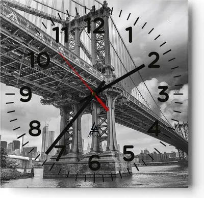 Produktbild von Wanduhr - Quadrat - Glasuhr - Manhattan Brücke Schwarzweiß - 30x30cm - Schleichendes Uhrwerk - Lautlos - zum Aufhängen bereit - Dekoration Modern - Wanddekoration aus Glas - C4AC30x30-4156