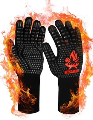 Imagen del producto de Guantes resistentes al calor para barbacoa, hasta 800 °C, de silicona, de manga larga, antideslizantes, para usar en la parrilla y en la cocina