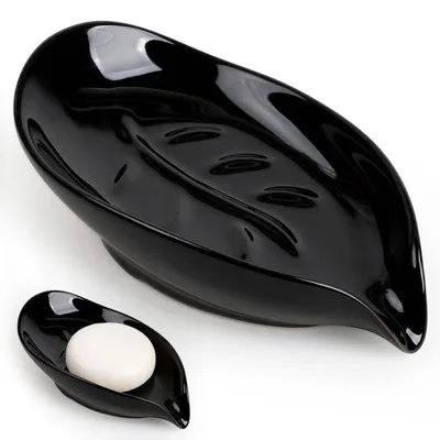 Image de Porte-savon en céramique avec égouttoir, forme feuille, couleur noire, lot de 1